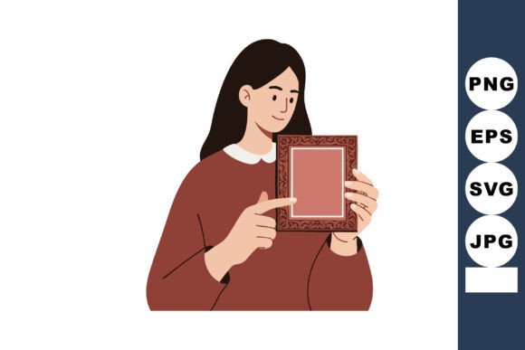 Woman Holding and Pointing at Decorative Graphics